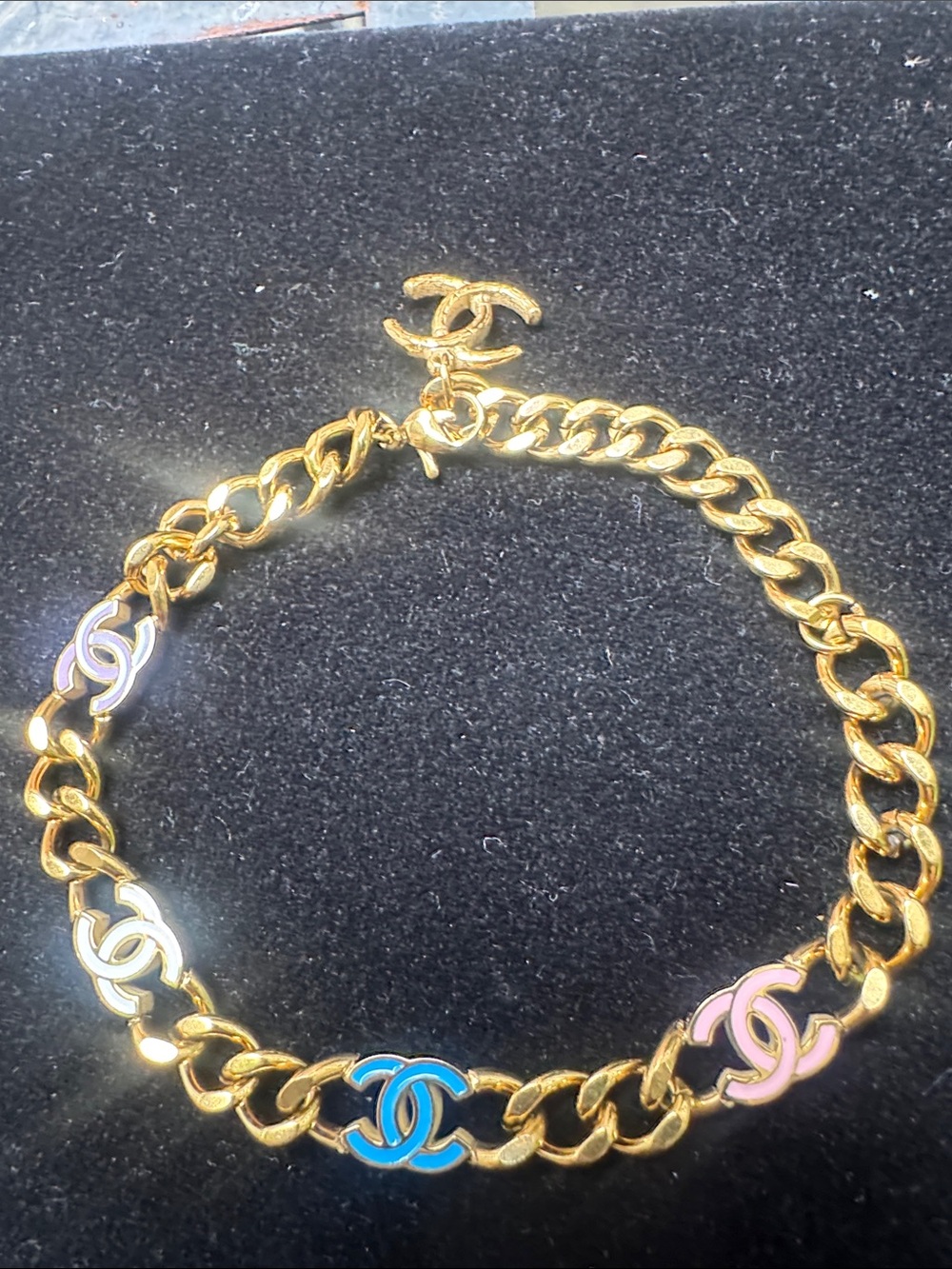 Bracelet  Gold-Tone Chain Bracelet with Blue, Pink, and White Accents